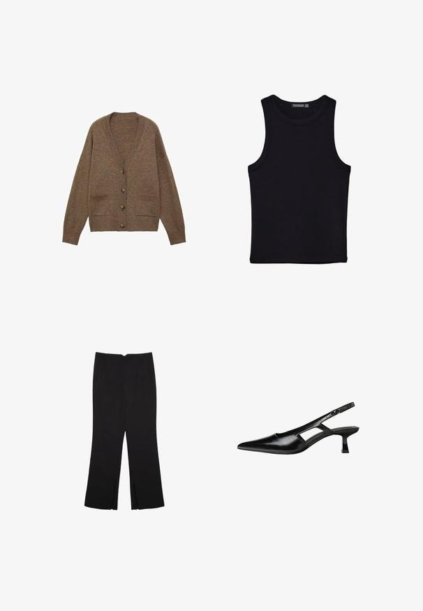 Ruskea villaneule, jossa on V-pääntie, viisi nappia ja kaksi etutaskua. Ribbikuvioidut hihansuut ja helma, rento malli, pehmeä textura.; Musta hihaton paita, joka on valmistettu puuvillasta, ja jossa on pyöreä kaula-aukko sekä leveät kainaloaukot. Silkkinen pinta ja ommellut reunat. Klassinen, minimalistinen muotoilu.; Mustat housut suoralinjaisella leikkauksella, joissa on etutaskut ja sivurei'ät helman alla. Valmistettu pehmeästä ja sileästä kankaasta. Sopii eri tilaisuuksiin.; Mustat lakatut nahkakengät, joissa on viistopää, leikattu sivusuunnassa ja pieni neliökoroke. Sujuva pinta, jossa on minimaalinen koristelu.