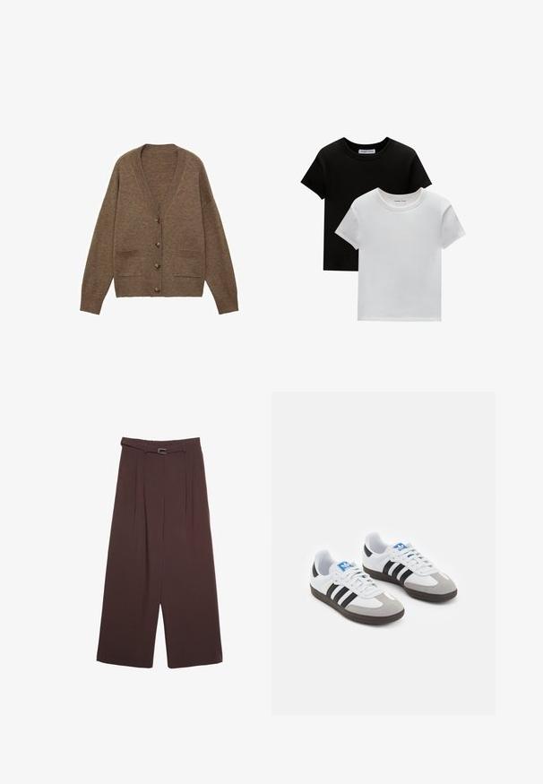 Brauner Wollcardigan mit V-Ausschnitt, fünf Knöpfen und zwei Vordertaschen. Gerippte Bündchen und Saum, lockere Passform, weiche Textur.; Zwei T-Shirts mit Rundhalsausschnitt in Schwarz und Weiß, aus Baumwolle. Sie haben kurze Ärmel und einfarbiges Design ohne Muster oder Akzente.; Stradivarius WIDE-LEG WITH BUCKLE DETAIL - Stoffhose - dark brown; Sportschuhe mit einem Obermaterial aus weißem Leder, grauer Wildleder-Zehenkappe und drei schwarzen Streifen. Sie verfügen über ein blaues Logo auf der Zunge und eine strukturierte Gummisohle.