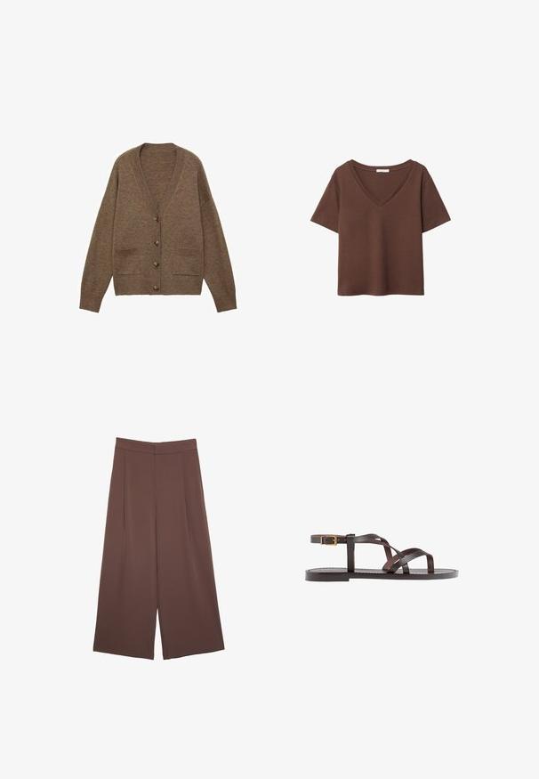 Hnedý vlněný cardigan s výstrihom do V, piatimi gombíkmi a dvoma prednými vreckami. Rumené manžety a lem, voľný strih, mäkká textúra.; Hnedé bavlnené tričko s krátkymi rukávmi a hlbokým V-výstrihom. Jednoduchý dizajn, jemná textúra a rovný lem. Bez vzorov alebo akcentov.; Hnedé nohavice so širokými nohavicami a hladkou textúrou, s vysokým pásom a prednými skladmi. Tkanina je ľahká a voľne sa pohybuje.; Hnedé kožené sandály s krížovými popruhmi, uzatváraním na pracku okolo členku a plochou podrážkou s minimálnymi ševmi.