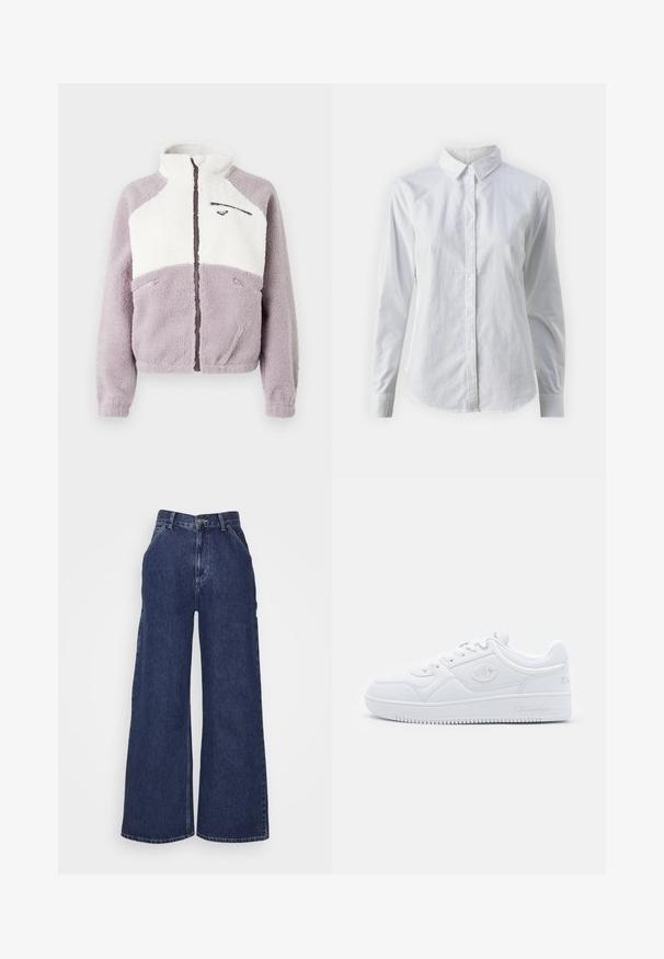 Giacca in pile con collo alto, caratterizzata da una sezione superiore bianca e una inferiore lavanda. Tasche con cerniera e cuciture dettagliate.; Camicia bianca con bottoni, realizzata in cotone liscio, dotata di un colletto classico, maniche lunghe e orlo curvo. I bottoni sono piccoli e bianchi.; Jeans in denim a gamba larga di colore blu scuro, con vita alta, tasche frontali e chiusura a zip con bottone metallico. Texture liscia e design classico.; Sneaker bianco realizzato in materiale sintetico liscio, con punta rotonda, suola piatta e sottili accenti del logo sui lati. Design classico low-top.
