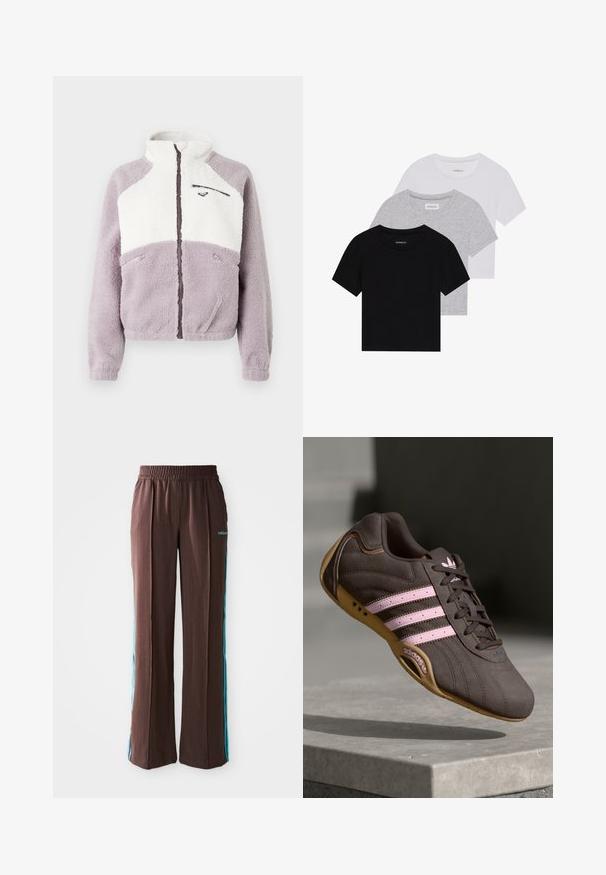 Fleece jacket with a high collar, featuring a white upper section and lavender lower section. Zippered pockets and detailed stitching.; Set of three short-sleeve t-shirts in black, gray, and white. Made from cotton, featuring a crew neck and a simple, solid color design.; Brown athletic pants with a ribbed texture, elastic waistband, and turquoise side stripes. Features the adidas logo on the front.; Brown suede athletic shoe with pink stripes and logo, featuring a textured upper, lace closure, and a gum rubber sole.