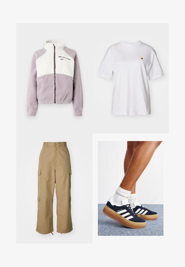 Fleece jacket with a high collar, featuring a white upper section and lavender lower section. Zippered pockets and detailed stitching.; White cotton t-shirt with a relaxed fit, short sleeves, and a small embroidered logo on the left chest area.; Beige cargo pants with a high waist, wide legs, and four large side pockets. Made of durable fabric with a smooth texture and minimal detail.; Black suede sneakers with white stripes and accents, rounded toe, gum rubber outsole, paired with white ribbed crew socks.