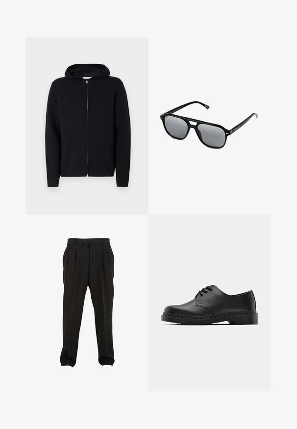 Svart zip-up huvtröja med dragsko i huvan, långa ärmar och en slät yta. Har en central dragkedja och en minimalistisk design.; Två bomullströjor i vitt och svart, kortärmad med rund hals, med en liten logotyp på bröstet, slät textur.; Svarta byxor i en slät tygkvalitet, med framfickor, en knapp i midjan och avsmalnande ankleder. Klassisk skräddarsydd silhuett.; Svart lädersko i oxford-stil med snörningsdesign, rund tå, platt gummisula och subtila sömdetaljer längs ovandelen.; Svarta solglasögon med rektangulära bågar, gråtonade linser och en design med urtag i näsbryggan. Slank, glänsande plastmaterial, med smala skalmar.
