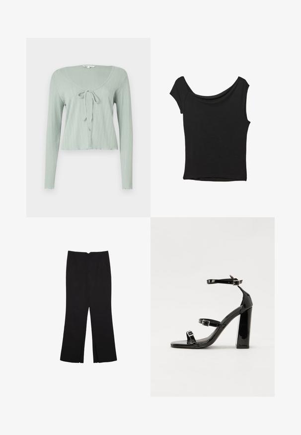 Cropped top verde chiaro a maniche lunghe con texture a coste, scollo rotondo e chiusura con fiocco davanti.; Top nero a maniche corte realizzato in tessuto liscio; presenta un colletto drappeggiato e un orlo asimmetrico, con una vestibilità aderente.; Pantaloni neri a gamba dritta, con tasche frontali e spacchi laterali all'orlo. Realizzati in tessuto morbido e liscio. Adatti a diverse occasioni.; Sandali con tacco in vernice nera, con punta squadrata, cinturini alla caviglia e fibbie in argento. Presentano un tacco a blocco spesso per maggiore stabilità.