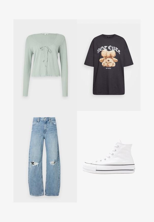 Hele roheline, pika varrukaga crop top, ribakaga tekstuuriga, ümar kaelus ja nööriga sulgemine.; Musthave musta t-särk, millel on karu graafika ja tekst "EI NII NÄDALA, KUID MÄRG" paksult valgete tähtedega. Puuvillane materjal.; Heledad hallideega sinised teksad, millel on kõrge talje. Teksade jalgadel on lai alus, kaks rebitud kohta põlvede ümber ning klassikaline viie tasku stiil.; Valge kõrgem kangast tenniseking, millel on must kummist tald, ees kummist varvasetugi ja kuus aukku paelte jaoks, pakkudes puhta ja minimalistliku disaini.