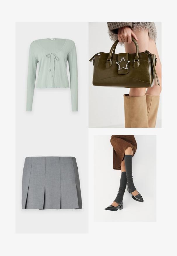 Crop top lung cu mâneci lungi, de culoare verde deschis, cu textură canelată, decolteu rotund și închidere cu cordon în față.; Tricou gri cu mânecă scurtă fabricat dintr-un amestec de bumbac moale. Gât rotund, croi lejer cu o textură netedă și un design minimalist.; Fustă plisată gri cu o textură netedă, design structurat și talie ajustată. Fabricată dintr-un material ușor, cu un model subtil.; Pantofi negri din piele lacuită, cu vârful ascuțit, toc bloc și curea la glezna, asortați cu jambiere gri cu nervuri și o fustă din suede maro.; Geantă din piele ecologică de culoare verde măslin, cu accent din stea argintie, două mânere și închidere cu fermoar. Suprafață texturată și formă structurată.