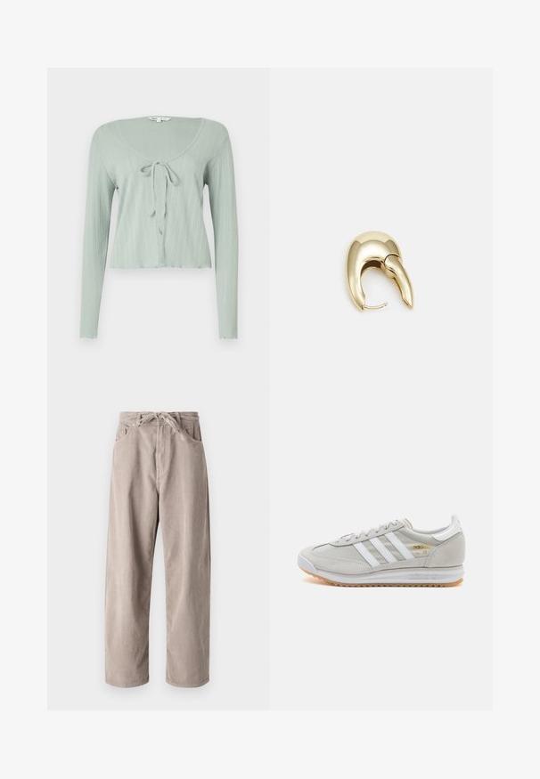 Lys grøn, langærmet crop-top med ribbet tekstur, rund halsudskæring og knaplukning foran.; Off-the-shoulder ribbet top i cremefarve, med en flæset halsudskæring og lange ærmer med en tætsiddende silhuet. Overordnet glat tekstur.; Beige fløjlsbukser med løs pasform, der har en snor i taljen, to frontlommer og lodret ribbet tekstur.; Lys grå sneaker lavet af ruskind og mesh, med tre hvide striber, rund tå og en sål af gummirubber. Guld logo detalje nær snørebåndene.; Guldtonet metal ørering med et slankt, buet design. Har en karakteristisk spids form, poleret overflade og hængselåbning.
