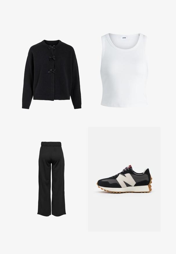 Svart stickad cardigan med rundad halsringning och tre dekorerade knappar som pryds av svarta rosetter och paljetter. Avslappnad passform med ribbade muddar.; Vit ribbade linne med rund halsringning, ärmlös design och kort längd. Märket säger "JJXX." Slät tygkvalitet.; Svarta, vida byxor med elastisk midja, tillverkade av en mjuk tyg. Har en ren design utan fickor eller synliga sömdetaljer.; Svart och grå mocka sneaker med en stor krämfärgad "N"-logotyp, lila snören och en texturerad gummisula.