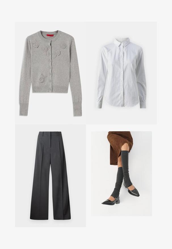 Light grey button-up cardigan with long sleeves and textured floral appliques on the front, ribbed collar, cuffs, and hem.; White button-up shirt made of smooth cotton, featuring a classic collar, long sleeves, and a curved hem. Buttons are small and white.; Wide-leg trousers in dark gray fabric, featuring a high waist, single pleats, and a smooth texture with a clean finish at the hems.; Black patent leather pointed-toe shoes with a block heel and ankle strap, paired with gray ribbed leg warmers and a brown suede skirt.