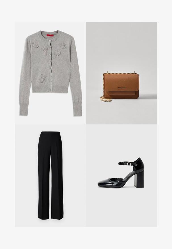 Šviesiai pilkas mygtukų kardiganas su ilgomis rankovėmis ir tekstūruotais gėlių aplikacijomis priekyje, gulančiu apykakle, rankogaliais ir briauna.; Tamsiai rudas ilgarankovis mygtukų marškiniai su dviem kišenėmis ant krūtinės ir klasikiniais apykakle, pristatomas prieš paprastą baltą foną.; Juodi platūs kelnių kelnės su lygiu paviršiumi, turinčios aukštą liemenį ir centrinės raukšlės. Nėra matomų raštų ar metalinių detalių.; Juodos lakuotos aukštakulnės bateliai su kvadratine nosimi, kulkšnies dirželiu ir masyviu kulnu. Apima perforuotus detalizavimus aplink kraštą.; Ruda tekstūruota odinė per petį nešama rankinė su auksiniu grandininiu dirželiu ir užlenkiamo užsegimo. Priekinėje pusėje yra logotipo detalė ir kišenė po užlenkimu.