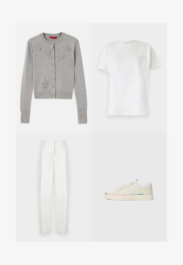 Cardigan deschis la culoare gri, cu nasturi, cu mâneci lungi și aplicații florale texturate pe față, guler, manșete și tiv cu model în dungi.; Tricou alb din bumbac, cu mâneci scurte și guler rotund, având cuvântul "INTROSPECȚIE" scris cu litere de culoare albastru deschis pe piept.; Paul Smith Pantaloni - white; Sneaker de tip low-top de culoare alb murdar, cu brâu de legare, căptușeală interioară albă și o margine subtilă multicoloră pe marginea talpii, vedere laterală.