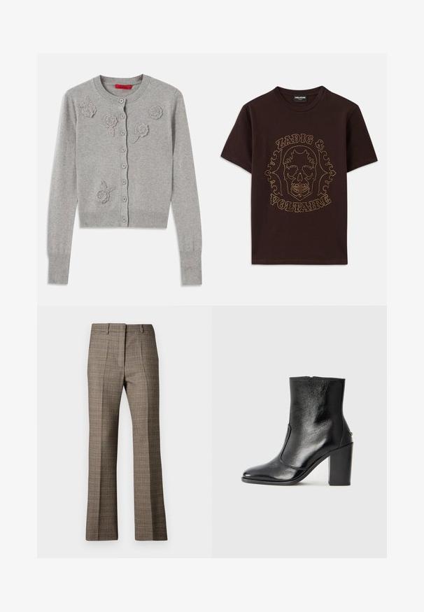 Ljusgrå knäppbar cardigan med långa ärmar och texturerade blommotiv på framsidan, ribbad krage, manschetter och fåll.; Svart t-shirt i bomull med ett dödskallemotiv som är inramat av guldstänk, med texten "Zadig & Voltaire", korta ärmar och rundad hals.; Bruna rutiga byxor med rak benpassform, som har ett texturerat tyg och subtila färger av beige och mörkare bruna nyanser genom mönstret.; Svart läderankelboot med en slät yta, spetsig tå och en kraftig hög klack. Har en sidöppning och ett minimalistiskt design.