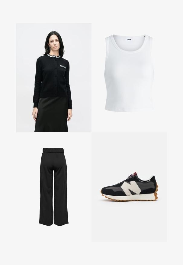 Black cardigan made of soft knit fabric, featuring a sequin-embellished collar and pocket, with a fitted design and button closure.; White ribbed tank top featuring a round neckline, sleeveless design, and a cropped length. Label reads "JJXX." Smooth fabric texture.; Black, wide-leg pants with an elastic waistband, made from smooth fabric. Features a clean design with no pockets or visible stitching details.; Black and gray suede sneaker with a large cream-colored "N" logo, purple laces, and a textured gum rubber outsole.
