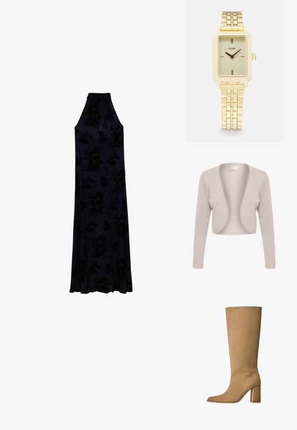 Beige kort cardigan med långa ärmar, öppen framsidesdesign, ribbad textur och mjukt tyg. Inga knäppningar eller mönster synliga.; Lång klänning med halterneck i mörk marinblått tyg med ett strukturerat blommönster. Flödar mjukt från en figurnära bodice till en full kjol.; Tan mockasins knähöga stövlar med blockklack, med spetsig tå och slät textur. Minimalistisk design utan utsmyckningar.; Vävd beige tote-väska med en avslappnad design och ett enda axelband. Har ett texturerat mönster över hela ytan.; Gul rektangulär armbandsur med en texturerad ljusgrön urtavla, två svarta timmarstöd, ett guldfärgat metallarmband och en minimalistisk design.