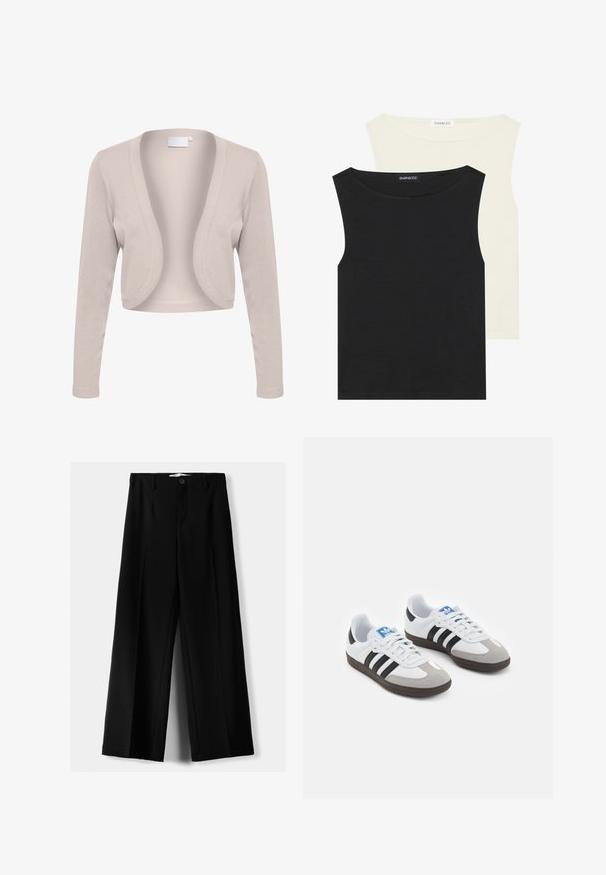 Beige verkürzter Cardigan mit langen Ärmeln, offenem Design, gerippter Textur und weichem Stoff. Keine Verschlüsse oder sichtbaren Muster.; Schwarze und cremefarbene ärmellose Tops aus Baumwolle mit runden Ausschnitten und einer glatten Textur, gestapelt mit sichtbaren Etiketten.; Schwarze weite Hosen aus leichtem Stoff, mit einem Knopfverschluss vorne und flachem Bund, mit sorgfältig genähten Säumen.; Sportschuhe mit einem Obermaterial aus weißem Leder, grauer Wildleder-Zehenkappe und drei schwarzen Streifen. Sie verfügen über ein blaues Logo auf der Zunge und eine strukturierte Gummisohle.