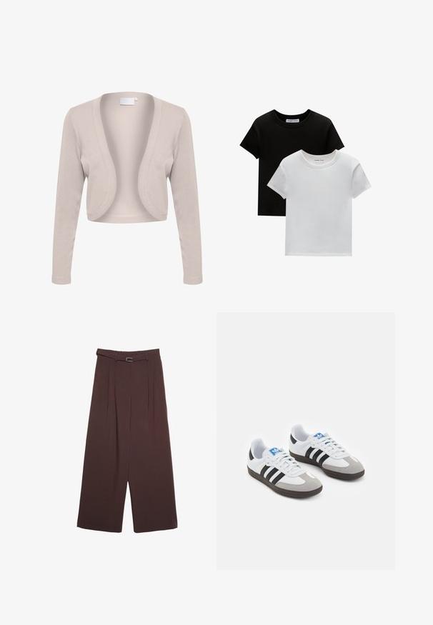 Beige verkürzter Cardigan mit langen Ärmeln, offenem Design, gerippter Textur und weichem Stoff. Keine Verschlüsse oder sichtbaren Muster.; Zwei T-Shirts mit Rundhalsausschnitt in Schwarz und Weiß, aus Baumwolle. Sie haben kurze Ärmel und einfarbiges Design ohne Muster oder Akzente.; Stradivarius WIDE-LEG WITH BUCKLE DETAIL - Stoffhose - dark brown; Sportschuhe mit einem Obermaterial aus weißem Leder, grauer Wildleder-Zehenkappe und drei schwarzen Streifen. Sie verfügen über ein blaues Logo auf der Zunge und eine strukturierte Gummisohle.