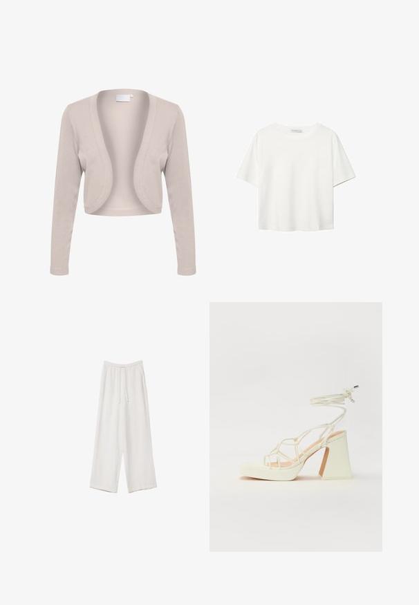 Cardigan corto beige con maniche lunghe, design a frontale aperto, texture a coste e tessuto morbido. Nessun bottone o motivo visibile.; T-shirt bianco a maniche corte realizzato in cotone. Presenta un collo tondo e una vestibilità rilassata. Texture liscia senza motivi o dettagli visibili.; Pantaloni a gamba larga bianchi realizzati in un tessuto leggero. Presentano una vita elastica con cordoncino e tasche laterali. Texture liscia.; Sandalo bianco con tacco alto, caratterizzato da un design a cinturini e un legaccio alla caviglia. Texture liscia con una piattaforma frontale per un'altezza aggiuntiva.