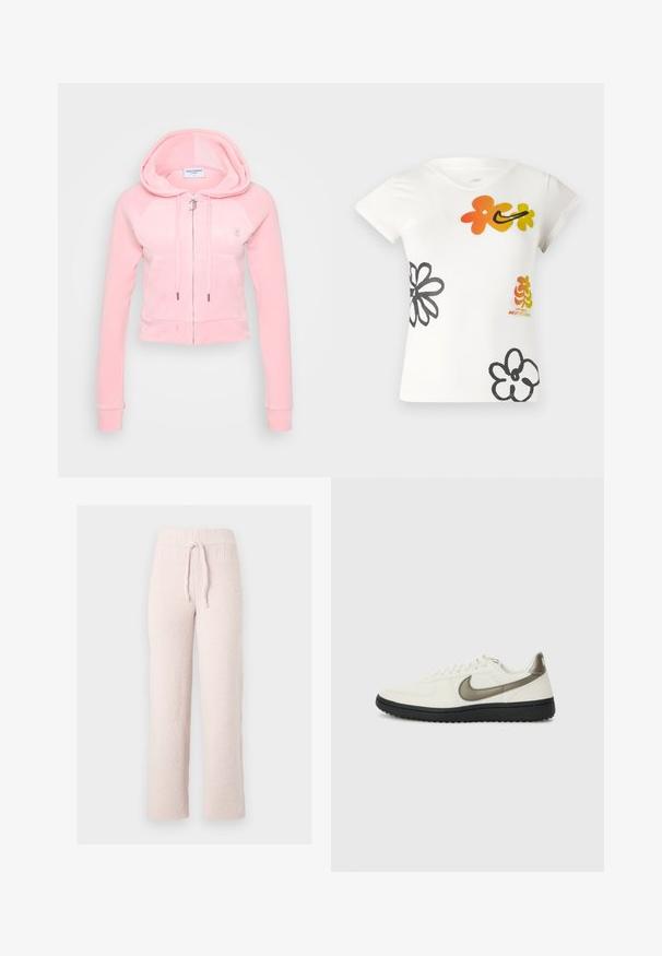 Juicy Couture CLASSIC VELOUR HOODIE WITH LOGO - Φούτερ με φερμουάρ - pink; Λευκό κοντομάνικο t-shirt με πολύχρωμα λουλουδάτα σχέδια σε πορτοκαλί, κίτρινο και μαύρο. Κατασκευασμένο από ένα μαλακό μείγμα βαμβακιού με v-κοπή λαιμό.; Ροζ φωτεινές πιτζάμες φλις με υφή, ελαστική μέση και ρυθμιζόμενο κορδόνι. Ευθεία γραμμή, μαλακό ύφασμα.; Nike Sportswear FIELD GENERAL - Αθλητικά παπούτσια - off-white/black