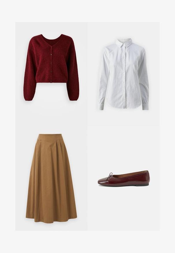 Burgunderfarbene, verkürzte Strickjacke aus flauschigem Material mit V-Ausschnitt, Knopfverschluss und langen, lockeren Ärmeln.; Weißes Hemd mit Knöpfen, aus glattem Baumwollstoff, mit klassischem Kragen, langen Ärmeln und abgerundetem Saum. Die Knöpfe sind klein und weiß.; Brauner Baumwoll-A-Linien-Rock mit hoher Taille, der vorne Falten aufweist und eine glatte Textur hat. Der Saum ist sauber und einfach verarbeitet.; Burgunderfarbenes, lackiertes Ballettschuh mit abgerundetem Zehenbereich, kleiner Schleifenakzent vorne und einer niedrigen, schwarzen Gummisohle. Glatte Textur.