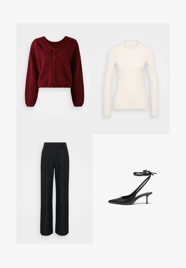 Skratený burgundský kardigán vyrobený z nadýchanej látky s výstrihom do V, zapínaním na gombíky a dlhými, voľnými rukávmi.; Biely top s dlhým rukávom s rebrovanou textúrou. Má jemný volánový výstrih a lem na rukávoch. Jednoduchý, priliehavý strih.; Čierne široké nohavice vyrobené z hladkej tkaniny, s vysokým pásom a decentnými prednými záhybmi; bez viditeľných vzorov alebo kovových prvkov.; Čierne kožené stiletto topánky s špicatou špičkou, otvorenou zadnou časťou a remienkami na členku viazanými do mašle. Úzky 3-palcový opätok. Hladká textura, minimalistický dizajn.