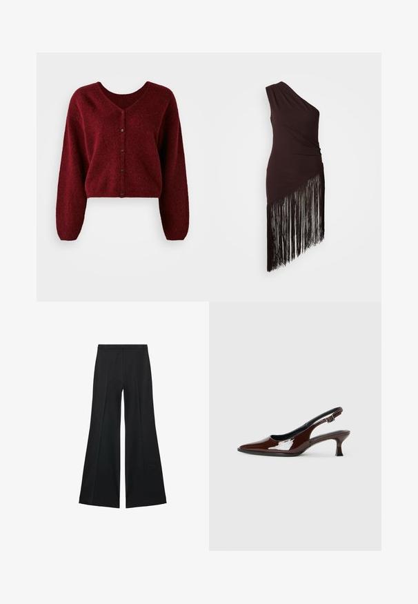 Burgunderfarbene, verkürzte Strickjacke aus flauschigem Material mit V-Ausschnitt, Knopfverschluss und langen, lockeren Ärmeln.; Ein dunkelbraunes One-Shoulder-Kleid mit geraffter Struktur und asymmetrischem Saum, der lange schwarze Fransenakzente aufweist. Glatter Stoff.; Schwarze weit geschnittene Hose mit glatter Textur, ausgestattet mit Frontfalten und einem taillierten Design. Der Stoff ist leicht und fließend.; Braune Lackleder-Slingback-Schuhe mit spitzer Zehe und moderatem Absatz. Mit einem Schnallenriemen für einen sicheren Sitz. Glatte Textur.