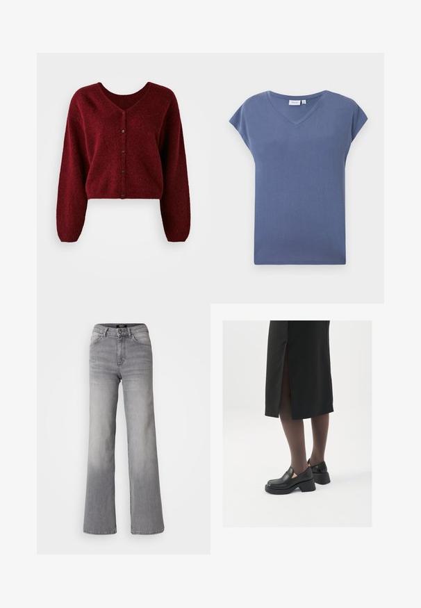 Skratený burgundský kardigán vyrobený z nadýchanej látky s výstrihom do V, zapínaním na gombíky a dlhými, voľnými rukávmi.; Tričko s výstrihom do V a krátkymi rukávmi v tlmenej modrej farbe, vyrobené z mäkkej bavlny s hladkou textúrou a voľným strihom.; Džínsy z šedej denimu s vysokým pásom a rovnými nohavicami, s predným gombíkom a zipsom, prednými a zadnými vreckami, a vybledlým tieňovaním na stehnách a lýtkach.; Čierne kožené topánky s okrúhlou špičkou, silným blokovým opätkom a elastickými bočnými akcentmi, skombinované s tmavými pančuchami a čiernou sukňou so štiepením.