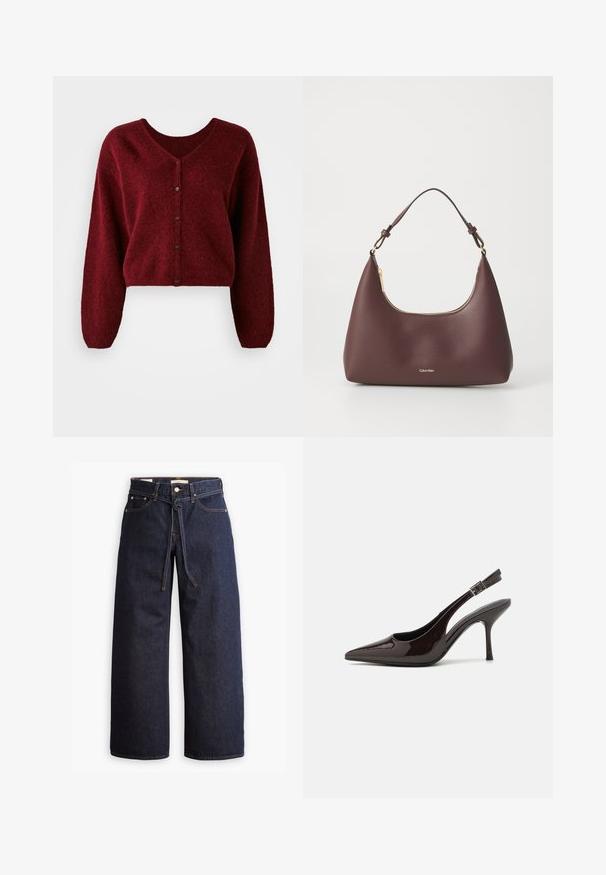 Izgriezts vīna sarkans kardigans no pūkaina materiāla ar V veida kaklu, pogu aizdari un garām, brīvām piedurknēm.; Balta bezpiedurkņu topiņš no ribotā auduma, ar noapaļotu kakla izgriezumu un pieguļošu siluetu, ar minimālām šuvēm un bez rotājumiem.; Plati zili džinsi ar augstu jostasvietu, ar šnaukaša saišu, piecām kabatām un kontrastējošiem šuvju akcentiem.; Slingback augstpapēžu kurpe ar spīdīgu tumši brūnu lakotu ādu, ar norādītu purngalu, atvērtām pusēm un regulējamu potītes siksniņu.; Burgundijas rokassoma ar izliekta siluetu un īsu siksniņu, ar zelta rāvējslēdzēju un smalku Calvin Klein logotipu priekšā.