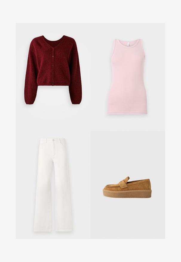 Lühike burgundi kardigan, mis on valmistatud pehmest materjalist, V-kaelusega, nööbiga sulgemisega ja pikkade, lõtvade varrukatega.; Heled roosa tanki ülemus, mis on valmistatud pehmest ja elastsetest kangast. Omab ümmargust kaelust ja kitsaid õlgu, sileda tekstuuri ja kehaümberkujundavat lõiget.; Valged, kõrge vöökohaga laiad teksad, mis on valmistatud denimist. Omab nupuga sulgemist, kahte esimest taskut ja külgede õmbluste detailseid õmblusi.; Pruun nubukloafer ümmarguse varbaga, ribadega platvormi tallaga ja dekoratiivse rihmaga ülevalt.