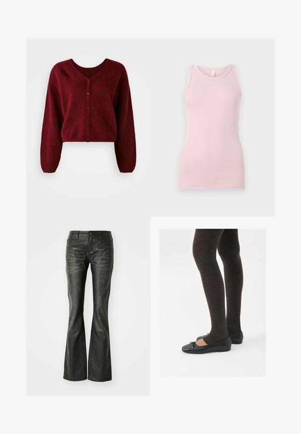 Geknipte bordeaux cardigan gemaakt van pluizig materiaal met een V-hals, knoopsluiting en lange, losse mouwen.; Lichtroze tanktop gemaakt van zachte, rekbare stof. Heeft een ronde halslijn en smalle schouderbandjes, met een gladde textuur en een aansluitende pasvorm.; Zwarte nepleer flared jeans met voorzakken, een metalen knoopsluiting en een licht gestructureerd oppervlak. Rechte pijpen met een lange snit.; Zwarte platte schoenen met een kleine strikdetail op de neus, gecombineerd met donkerbruine geribbelde panty’s. De schoenen hebben een gladde textuur en een lage profiel.