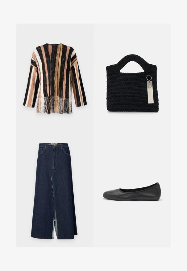 Sweter dzianinowy w wielokolorowe paski w odcieniach czerni, brzoskwini, kremu i złota. Posiada frędzle na dolnym brzegu oraz okrągły dekolt.; Czarna bluzka z okrągłym kołnierzykiem, z przezroczystymi panelami z koronki, akcentami falbanek i teksturowanymi wzorami. Długie rękawy z elastycznymi mankietami.; Długa spódnica z ciemnoniebieskiego dżinsu z rozcięciem z przodu. Posiada tradycyjny pięciokieszeniowy krój oraz widoczne akcenty w postaci przeszyć. Doły są postrzępione.; Czarne skórzane baletki z zaokrąglonym noskiem, gładką fakturą, minimalnymi przeszyciami i elastycznym designem podeszwy.; Won Hundred MARSIELLE UNISEX czarny