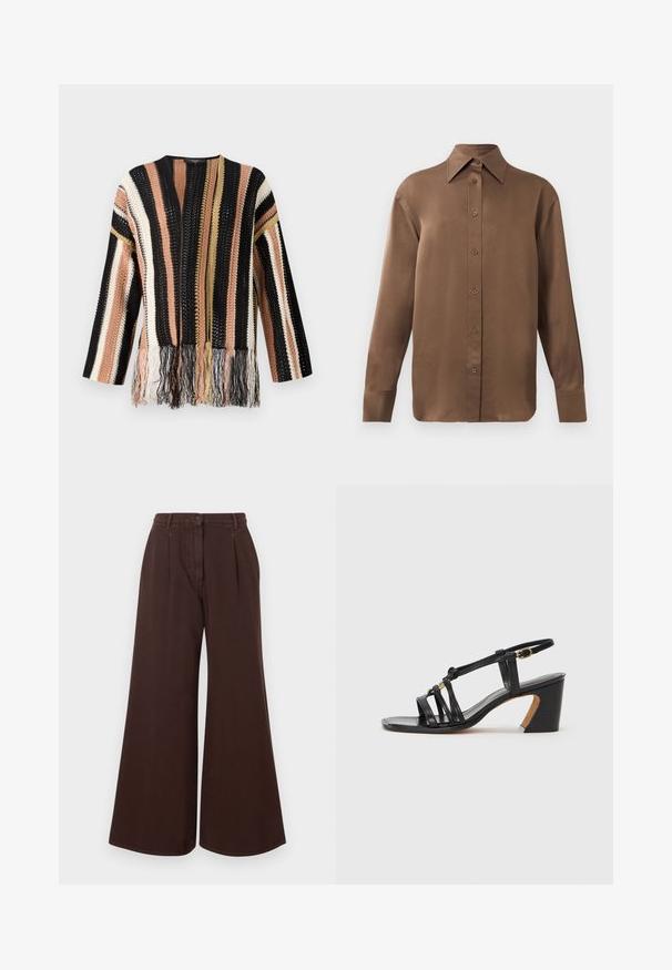 Knit pullover with multicolored stripes in black, peach, cream, and gold. Features fringe detailing at the hem and a round neckline.; Brown long-sleeve button-up shirt with pointed collar and cuffs, displayed against a plain white background.; High-waist wide-leg brown pants with button and zipper closure, belt loops, and front pleats.; Paul Smith AMIRA - Classic heels - black
