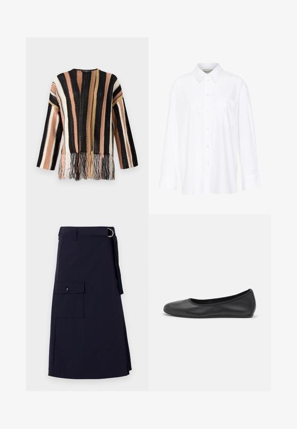 Strickpullover mit mehrfarbigen Streifen in Schwarz, Pfirsich, Creme und Gold. Mit Fransen am Saum und einem runden Ausschnitt.; Weißes Langarmhemd mit Kragen aus Baumwolle. Verfügt über eine durchgehende Knopfleiste und eine Brusttasche. Glatte Textur, lockere Passform.; Marineblaue Rock mit strukturiertem Design, ausgestattet mit einer seitlichen Cargo-Tasche und einem Metall-D-Ring-Gürtelakzent. Hergestellt aus strapazierfähigem Stoff.; Schwarze Leder-Ballettschuhe mit abgerundeter Spitze, glatter Textur, minimalen Nähdetails und einem flexiblen Sohlen-Design.