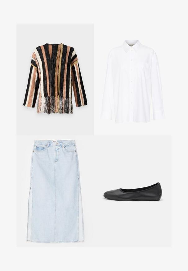 Strickpullover mit mehrfarbigen Streifen in Schwarz, Pfirsich, Creme und Gold. Mit Fransen am Saum und einem runden Ausschnitt.; Weißes Langarmhemd mit Kragen aus Baumwolle. Verfügt über eine durchgehende Knopfleiste und eine Brusttasche. Glatte Textur, lockere Passform.; Hellblaue Jeans-Maxi-Rock mit geradem Schnitt, ausgestattet mit seitlichen Schlitzen und einem Fünf-Taschen-Design. Auffällige Nähte und Metallschnappverschluss.; Schwarze Leder-Ballettschuhe mit abgerundeter Spitze, glatter Textur, minimalen Nähdetails und einem flexiblen Sohlen-Design.