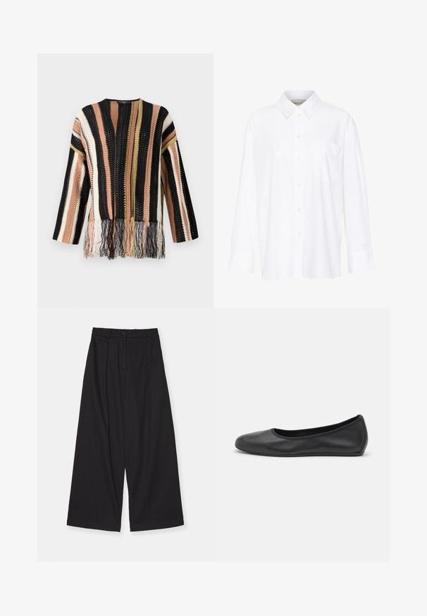 Suéter de punto con rayas multicolores en negro, durazno, crema y dorado. Presenta detalles de flecos en el dobladillo y un escote redondo.; Camisa blanca de manga larga y cuello hecha de algodón. Presenta un cierre de botones en la parte delantera y un bolsillo en el pecho. Textura suave, ajuste relajado.; Pantalones de pierna ancha negros, hechos de una tela suave, con cintura alta, pliegues frontales, cierre de botón y una silueta recta.; Bailarina de piel negra con punta redondeada, textura suave, detalle de costura minimalista y diseño de suela flexible.