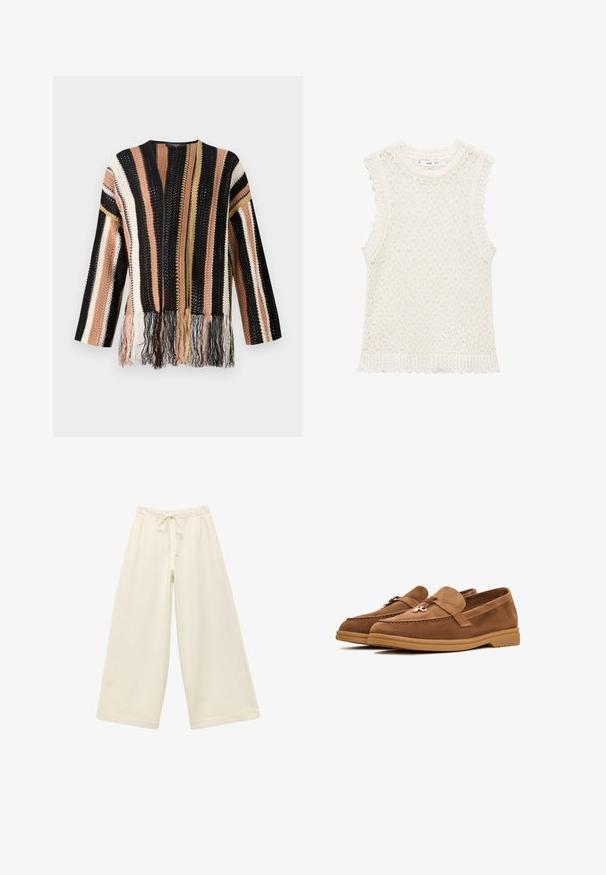 Strickpullover mit mehrfarbigen Streifen in Schwarz, Pfirsich, Creme und Gold. Mit Fransen am Saum und einem runden Ausschnitt.; Strickoberteil ohne Ärmel in Elfenbein mit einem strukturierten, offenen Gewebemuster. Die gewellten Kanten an den Armöffnungen und dem unteren Saum verleihen Detail.; Cremefarbene weit geschnittene Hose mit elastischem Bund und Kordelzug. Glatte Textur, knielang, mit lockerer Passform und ohne sichtbare Muster.; Braune Wildlederslipper mit flacher Sohle, ausgestattet mit einer dekorativen Schleife und subtilen Stickdetails. Rundliche Zehenform.