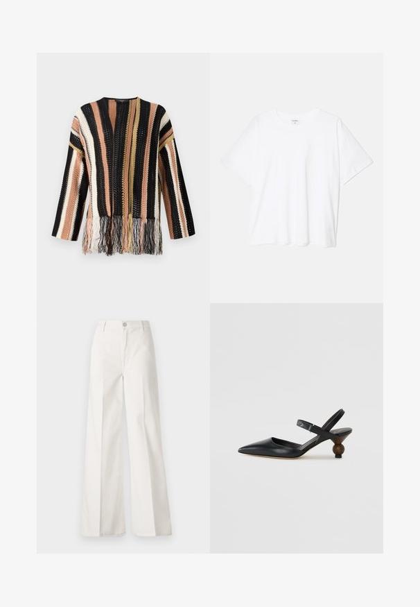 Kötött pulóver, melynek színei fekete, barack, krém és arany, multiszínű csíkokkal. A hemhez frufru részletek tartoznak, valamint kerek nyakkivágása van.; Fehér pamut póló rövid ujjal, kerek nyakkivágással, laza fazonnal és varrott szegéllyel. Címke látható a belső nyakrészén.; Fehér, bővebb nadrág, amely pamutból készült, sima textúrával. Elöl gombbal, cipzáras záródással és négy zsebes kialakítással rendelkezik.; Fekete bőr szandálcipő hegyes orral, íves kialakítással és kerek, fára hasonlító sarokkal. Keskeny bokapánttal rendelkezik.