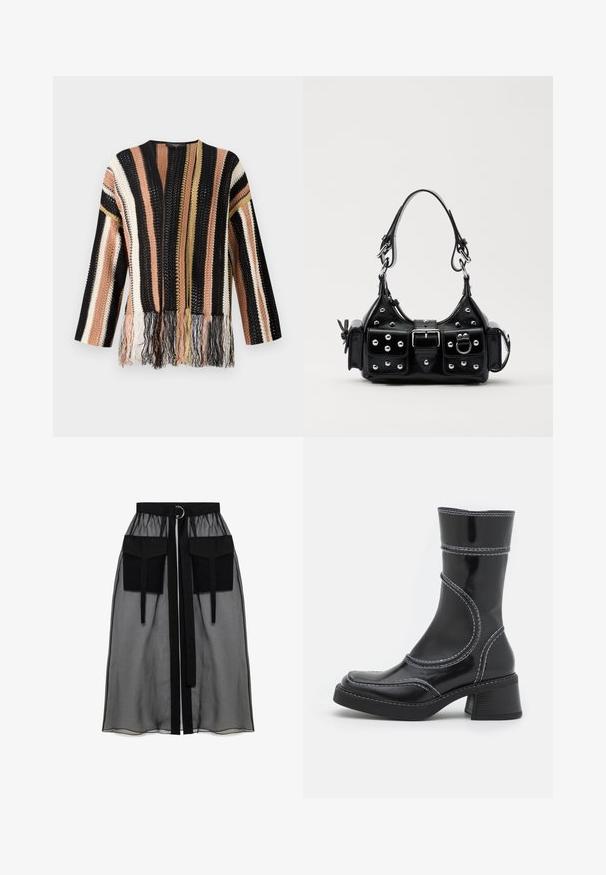 Pull en tricot avec des rayures multicolores en noir, pêche, crème et or. Possède des détails à franges à l'ourlet et un col rond.; T-shirt de performance noir à manches longues avec un col haut, en tissu extensible, et des motifs linéaires gris contrastés avec le logo "MISBHV" sur le devant.; Jupe noire transparente avec une taille froncée, dotée de deux grandes poches avant, d'une ceinture à nouer et d'un accent en métal circulaire.; Bottine en cuir verni noir avec des coutures blanches, bout arrondi et talon carré. Présente des lignes de design courbées et une texture lisse.; Sac à main en cuir noir au design courbé, avec des clous en argent, une boucle et deux poches latérales. Bandoulière réglable pour différentes options de transport.