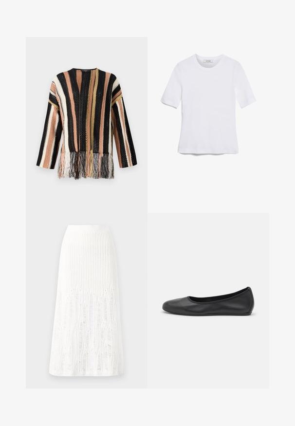 Knit pullover with multicolored stripes in black, peach, cream, and gold. Features fringe detailing at the hem and a round neckline.; White short-sleeve t-shirt made of ribbed fabric. Round neckline, regular fit, and subtle stitching details. No patterns or graphics.; Knit white midi skirt featuring a textured pattern with vertical lines and cut-out details near the hem. Elastic waistband. Soft material.; Black leather ballet flat with a rounded toe, smooth texture, minimal stitching detail, and a flexible sole design.