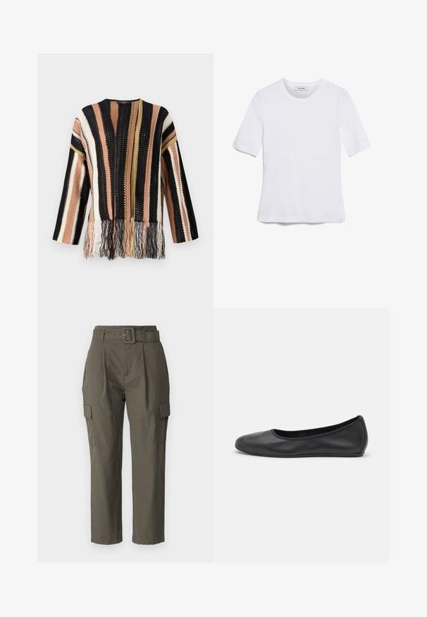 Kötött pulóver, melynek színei fekete, barack, krém és arany, multiszínű csíkokkal. A hemhez frufru részletek tartoznak, valamint kerek nyakkivágása van.; Fehér, rövid ujjú póló ribbed anyagból. Kerek nyakkivágás, normál szabás és diszkrét varrási részletek. Nincsenek minták vagy grafikák.; Olívazöld színű cargo nadrág, könnyű anyagból készült. Jellemzői közé tartozik a deréknál öv, az elülső redők, és a fedeles oldalsó zsebek.; Fekete bőr balettcipő lekerekített orral, sima tekstúrával, minimális varrással és rugalmas talp kialakítással.