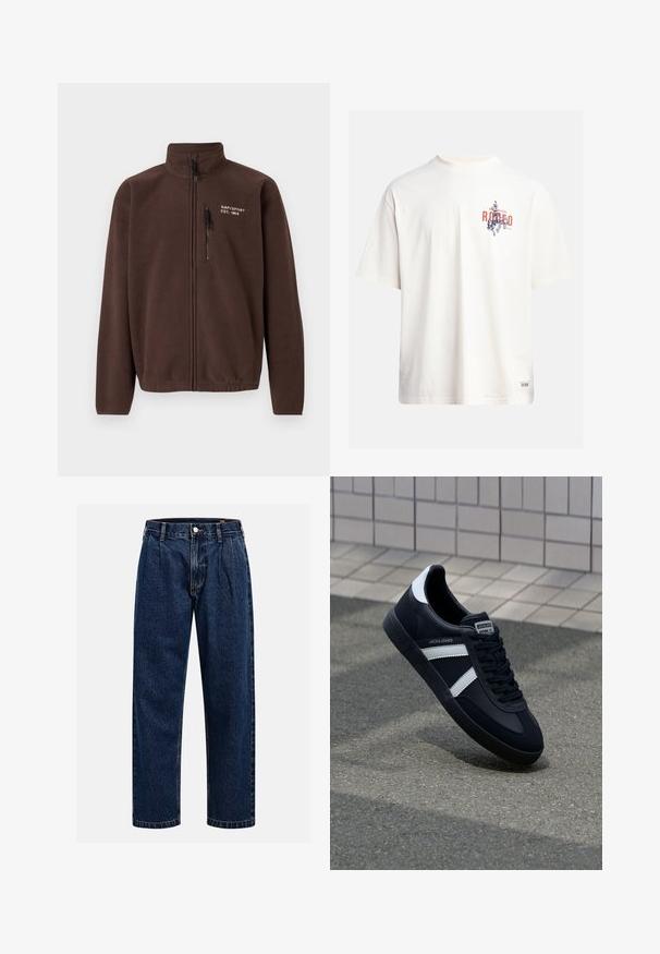 Brown fleece jacket with a high collar, front zipper, and side zip pocket. Features embroidered logo on the chest and textured fabric.; Cream cotton t-shirt with short sleeves and a crew neckline. Features a graphic print in blue and red with text and a motif.; Dark blue denim jeans with a straight-leg design. Features visible stitching, a button closure, and front pleats for added detail.; Black leather sneaker with white stripes, textured rubber sole, and lace-up front. Features a branded label on the tongue.