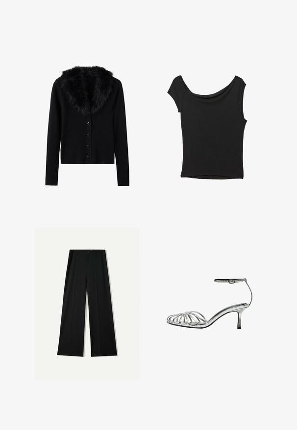 Mustassa ribattussa neulecardiganissa on pitkät hihat, keinoturkiskuosisu ja kuusi nappisuljenta edessä. Pehmeä tekstuuri.; Musta lyhythihainen paita, joka on valmistettu sileästä kankaasta; siinä on laskeutuva kaula-aukko ja epäsymmetrinen helma, sekä istuva malli.; Bershka WIDE - Housut - black; Hopeinen remmisaapas, jossa on matala korko, useita ristikkäisiä remmejä, nilkkaremmi soljella ja sileä, kiiltävä pinta.