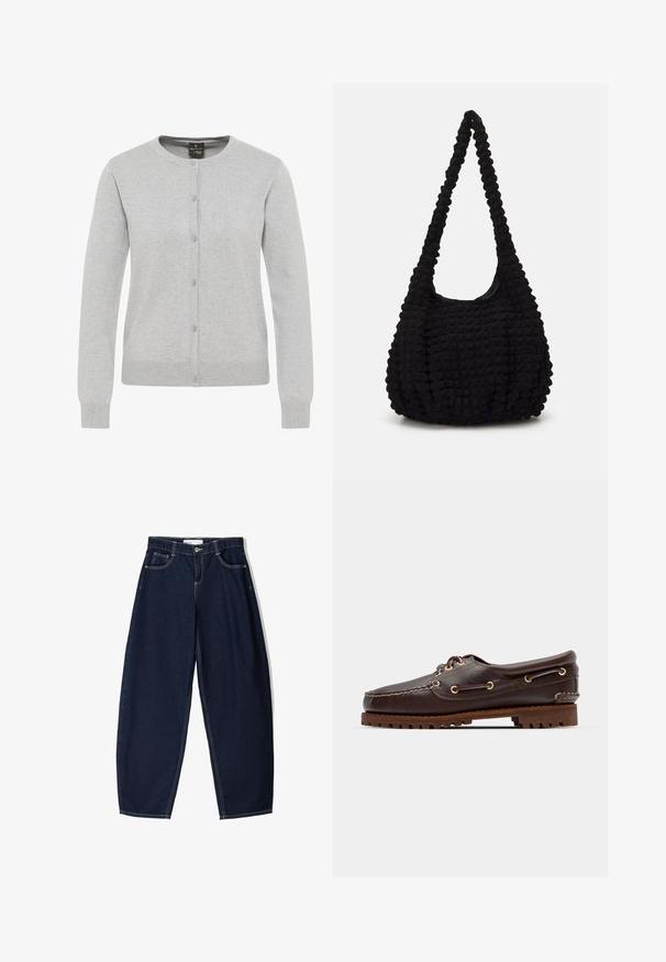 Light gray cardigan made of knit fabric, featuring a round neckline, long sleeves, and a button-down front with five buttons.; Cropped button-up shirt featuring blue and white vertical stripes with a textured finish, pointed collar, and single-button cuffs.; Dark blue denim trousers with a loose fit, featuring five pockets, contrasting stitching, and a zip closure at the front.; Brown leather boat shoe with gold eyelets, round laces, and a textured brown rubber sole. Features stitched detailing and a raised logo.; Black textured fabric bag with a single twisted strap, featuring a puffy shape and gathered surface design.