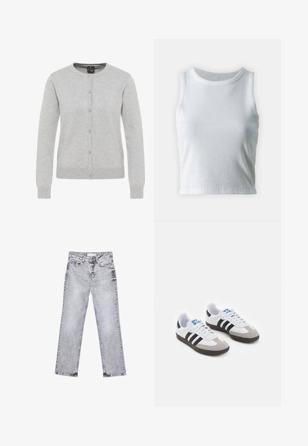 Svetlosivý cardigan vyrobený z pleteniny, s okrúhlym výstrihom, dlhými rukávmi a prednou časťou na gombíky so piatimi gombíkmi.; Biely rebrovaný top bez rukávov s okrúhlym výstrihom, so strapatým lemom a hladkou, elastickou textúrou.; Šedé džínsy s rovnými nohavicami, s opotrebovaním, piatimi vreckami a meďou pokovovanými nitmi. Pás má štítok s logom.; Športové topánky s bielym koženým zvrškom, šedou semišovou špičkou a tromi čiernymi pruhmi. Obsahujú modré logo na jazyku a štruktúrovanú gumovú podrážku.