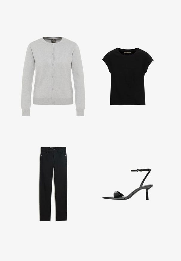 Lichtgrijze cardigan van gebreide stof, met een ronde halslijn, lange mouwen en een knoopsluiting met vijf knopen.; Zwarte korte mouwen t-shirt gemaakt van zachte stof, met een ronde halslijn en een ontspannen pasvorm, met een gladde textuur en zonder patronen.; Zwarte denimbroek met een recht silhouet, vijf zakken, metalen knoopsluiting en subtiele stikdetails. Gladde textuur.; Bershka Sandalen met hoge hak - black