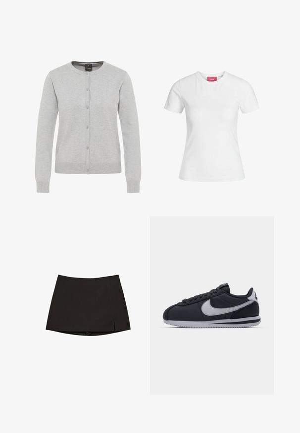 Cardigan gris clair en tissu tricoté, doté d'un col rond, de manches longues et d'une fermeture à boutons sur le devant avec cinq boutons.; T-shirt en coton blanc à manches courtes et encolure ronde. Présente une étiquette rose sur le col intérieur. Texture lisse.; Mini-jupe noire en tissu lisse, avec une coupe droite, des fentes latérales et un ourlet net. Simple et polyvalente.; Chaussure de sport noire avec des accents gris, dessus synthétique lisse, semelle texturée, bout arrondi et lacets plats. Design classique avec un détail de logo.