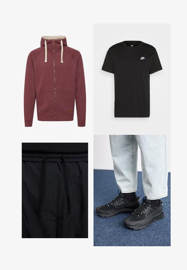 Bordeaux zip-up hættejakke med en cremefarvet inderside. Har snøre i hætten, forlommer, ribbede manchetter og en læderlogo-patch. Blød stoftekstur.; Sort bomuld T-shirt med korte ærmer, rund hals og et lille hvidt Nike-logo på den øverste venstre bryst. Glat tekstur. Klassisk pasform.; Sorte shorts med snoretræk i taljen, letvægtsstof med en glat tekstur og et simpelt design uden synlige logoer eller mønstre.; Sorte træningssko med tekstureret stof og gummisåler, udstyret med elastiske snørebånd og en blå detalje på hælen. Bæres med lyse denimbukser.