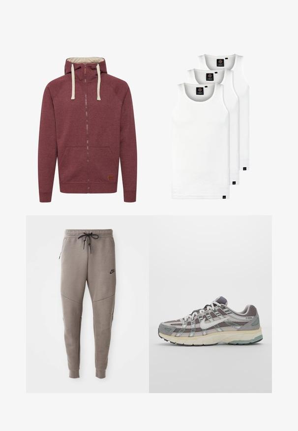 Bordeaux zip-up hættejakke med en cremefarvet inderside. Har snøre i hætten, forlommer, ribbede manchetter og en læderlogo-patch. Blød stoftekstur.; Tre hvide ribbede tanktops lavet af bomuld. Har en rund hals og små sorte mærker nær sømmen. Fås i flere størrelser.; Grå Nike joggingbukser med snoretræk i taljen, tapered ben, sidelommer og markante sømdetaljer. Blødt, struktureret stof.; Grå sportssko med overdel i mesh og ruskind, hvide accenter, en polstret sål og et særpræget design med reflekterende elementer.