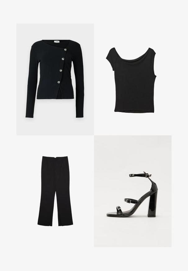 Top lungo nero a maniche lunghe con una texture a coste e un design asimmetrico. Presenta bottoni lungo la parte anteriore per la chiusura e una silhouette aderente.; Top nero a maniche corte realizzato in tessuto liscio; presenta un colletto drappeggiato e un orlo asimmetrico, con una vestibilità aderente.; Pantaloni neri a gamba dritta, con tasche frontali e spacchi laterali all'orlo. Realizzati in tessuto morbido e liscio. Adatti a diverse occasioni.; Sandali con tacco in vernice nera, con punta squadrata, cinturini alla caviglia e fibbie in argento. Presentano un tacco a blocco spesso per maggiore stabilità.