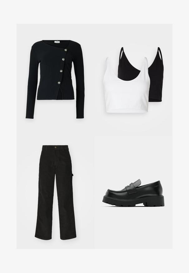 Schwarzes Langarmshirt mit gerippter Textur und asymmetrischem Design. Verfügt über Knöpfe an der Vorderseite zur Schließung und hat eine figurbetonte Silhouette.; Zwei Baumwoll-Crop-Tops in Weiß und Schwarz. Jedes hat einen tiefen Ausschnitt und dünne Träger und verfügt über eine glatte, weiche Textur.; Schwarze Cordhosen mit geradem Schnitt, ausgestattet mit einem Knopfverschluss und einer Seitenlasche. Glatte Textur mit feinen verticalen Streifen.; Schwarze Leder-Loafers mit einer chunky strukturierten Sohle, ausgestattet mit einem Riemen über dem Spann und einer glatten, polierten Oberfläche.