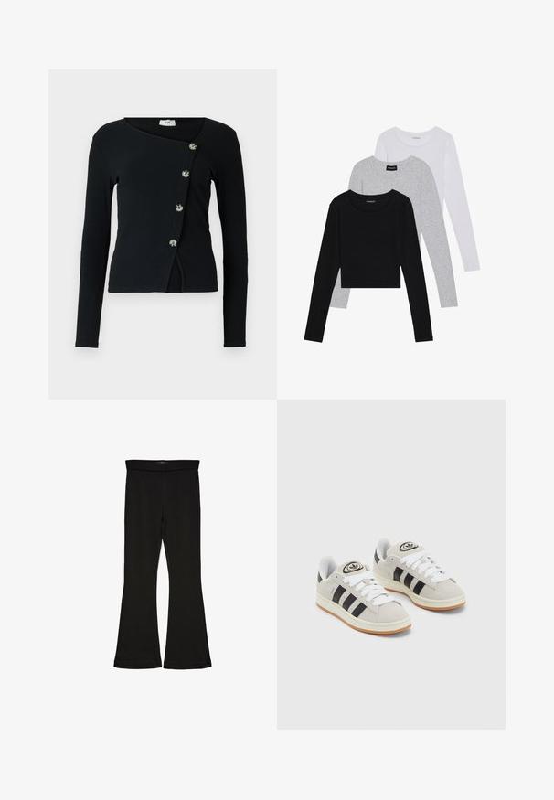 Schwarzes Langarmshirt mit gerippter Textur und asymmetrischem Design. Verfügt über Knöpfe an der Vorderseite zur Schließung und hat eine figurbetonte Silhouette.; Drei langärmelige Oberteile gestapelt: schwarz, grau und weiß. Jedes hat einen runden Halsausschnitt und ein kurzes Design aus glattem, leichtem Stoff.; Schwarze Schlagleggings aus dehnbarem Stoff. Sie verfügen über einen breiten Bund und eine glatte Textur, mit einer enganliegenden Silhouette, die am Saum ausgestellt ist.; Graue Wildledersneaker mit weißen Schnürsenkeln, schwarzen Streifen und einer weißen Gummisohle. Merkmale sind ein kreisförmiges Logo auf der Zunge und eine Gummisohle.